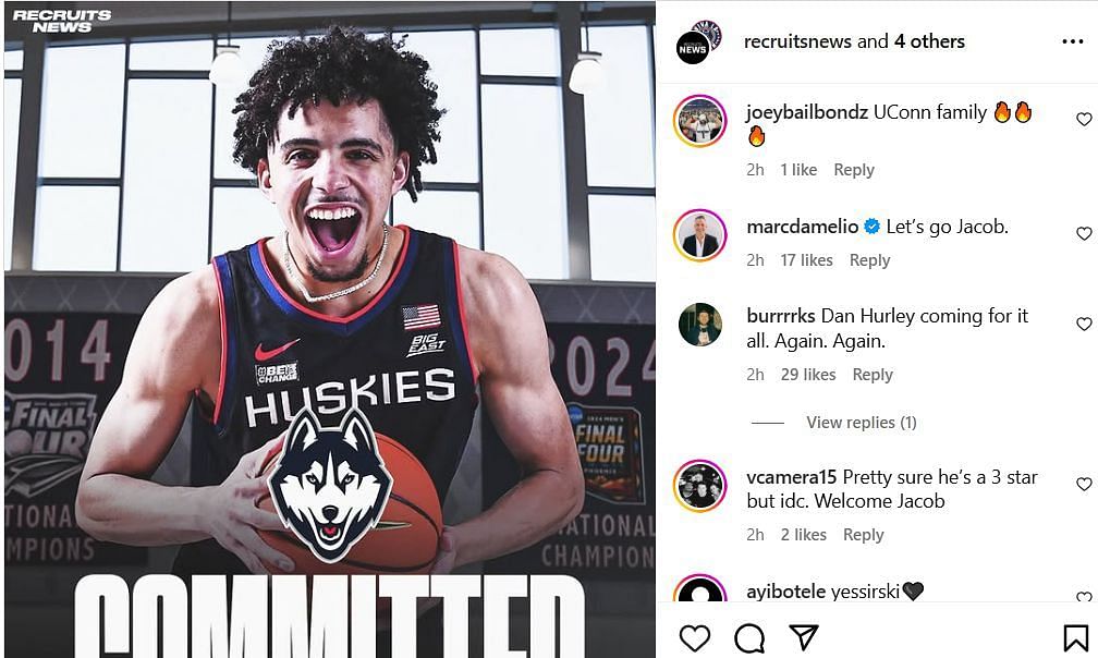 UConn fans react to Jacob Ross joining Huskies team for next season on IG. Image via @recruitnews